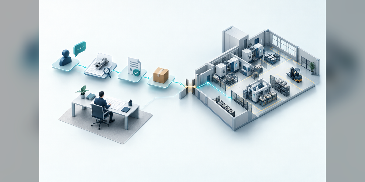 Conceptual industrial marketing budget planning scene connecting buyer inquiries with factory capacity