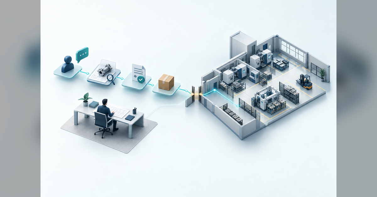 Conceptual industrial marketing budget planning scene connecting buyer inquiries with factory capacity