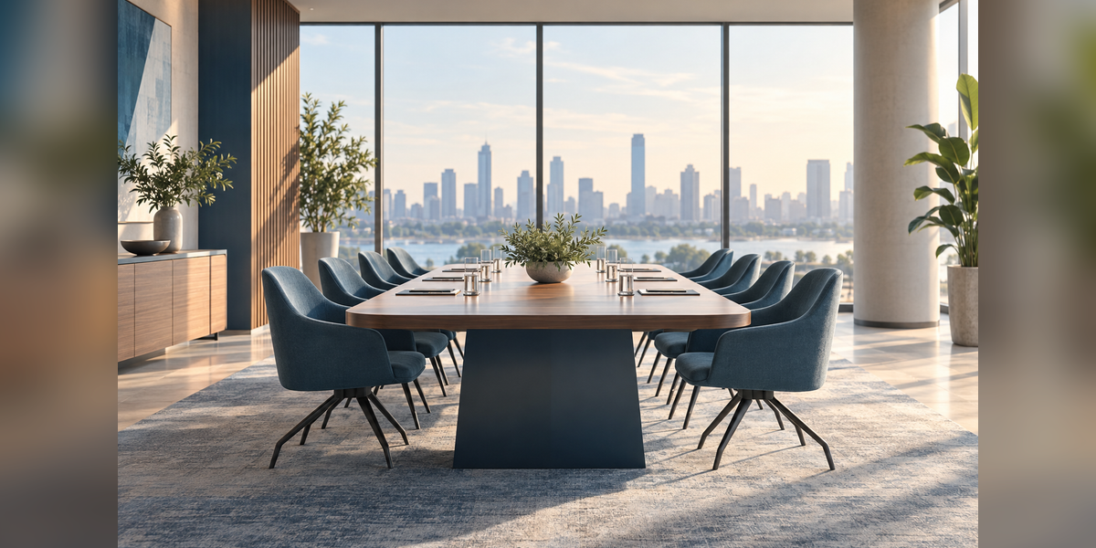 Meeting table overlooking a conceptual cityscape for a guide to the best cities for corporate meetings