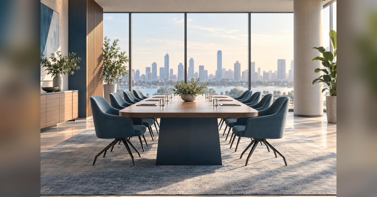 Meeting table overlooking a conceptual cityscape for a guide to the best cities for corporate meetings