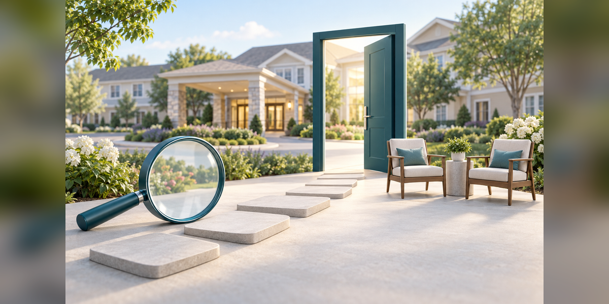 Conceptual illustration of a senior living community and an inquiry-to-tour planning path