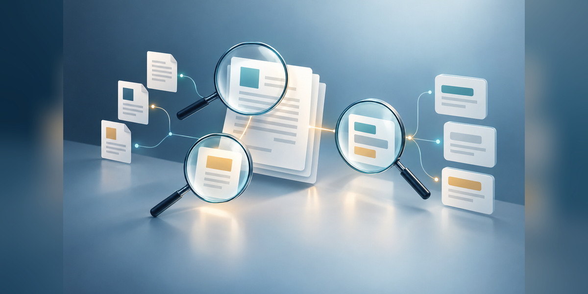 Abstract consulting research workspace connecting advisory documents, AI answer panels and supporting sources