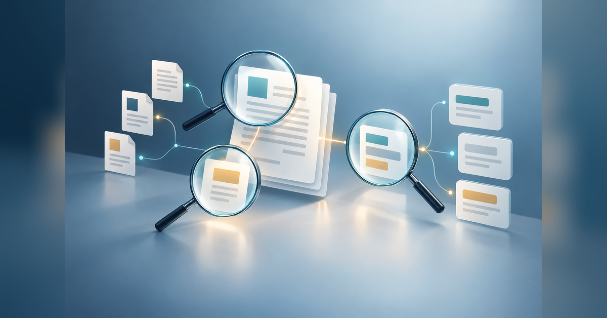 Abstract consulting research workspace connecting advisory documents, AI answer panels and supporting sources