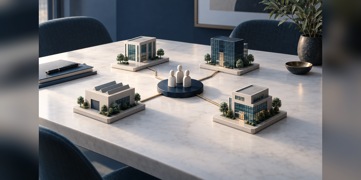 Connected portfolio-company blocks arranged on a marketing planning table