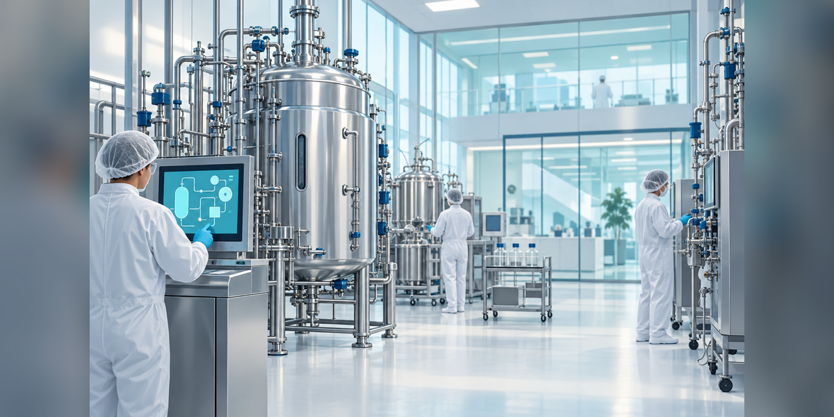 Conceptual biologics manufacturing facility with stainless-steel process vessels