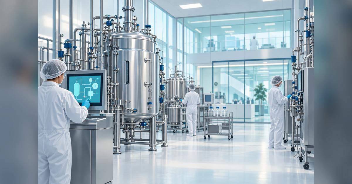 Conceptual biologics manufacturing facility with stainless-steel process vessels