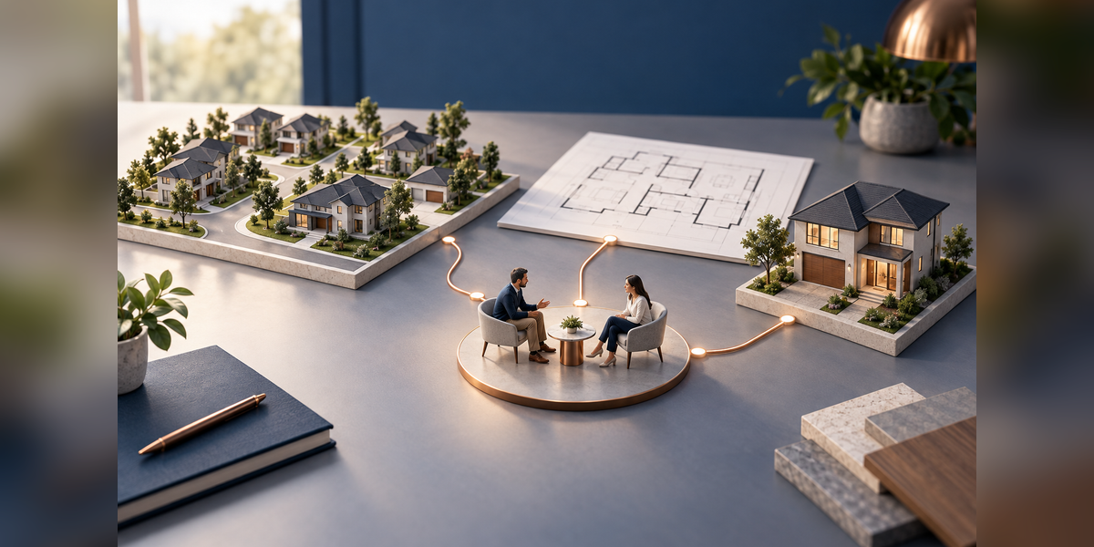 Architectural community model, floor-plan sheet and model home illustrating a home builder’s buyer journey