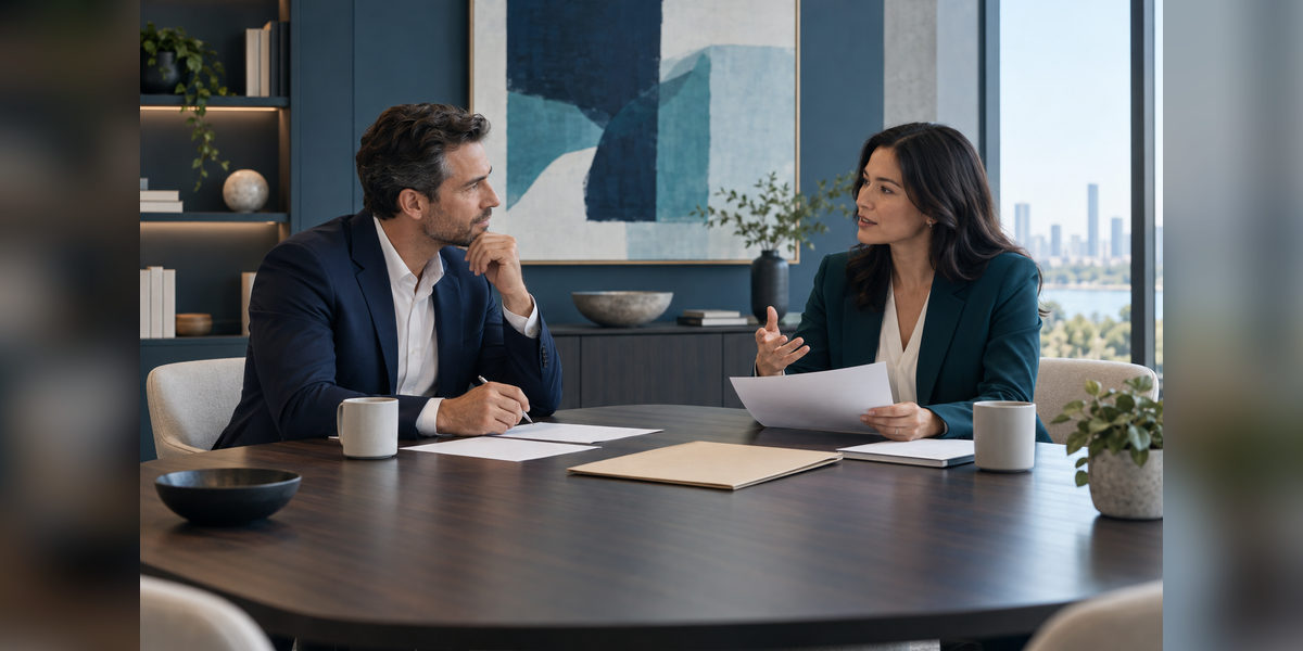 An executive and an interviewer reviewing evidence for a thought leadership article.
