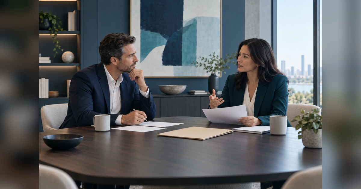 An executive and an interviewer reviewing evidence for a thought leadership article.