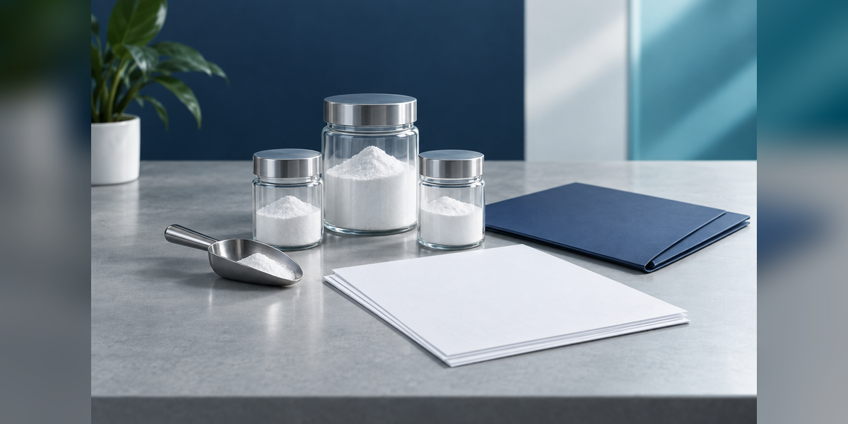 Conceptual supplier review for excipient manufacturers, with sealed sample containers and blank documents