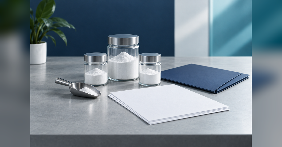 Conceptual supplier review for excipient manufacturers, with sealed sample containers and blank documents
