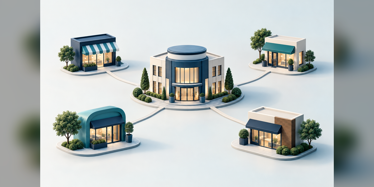 Conceptual franchise SEO illustration connecting a central hub with distinct local storefronts