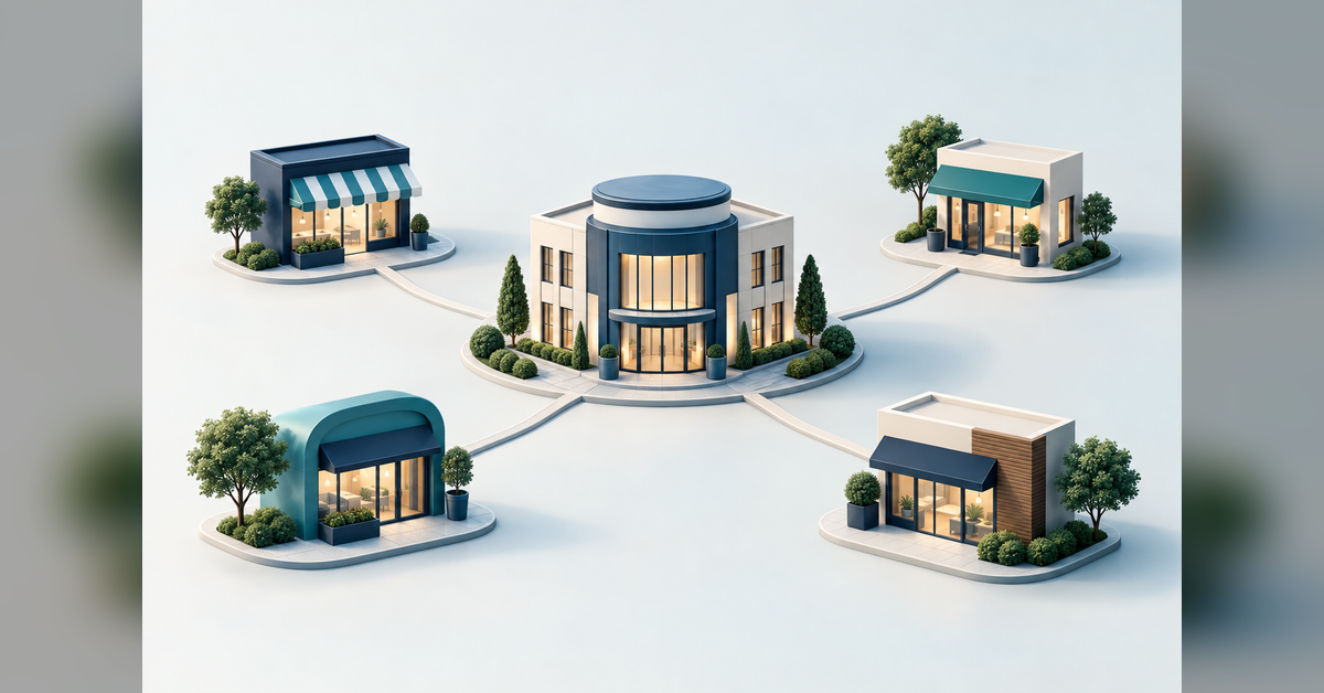 Conceptual franchise SEO illustration connecting a central hub with distinct local storefronts