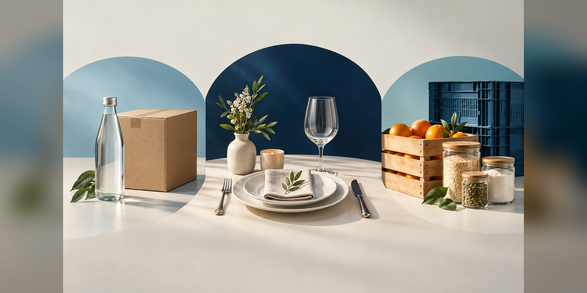 Beverage bottle, restaurant place setting and ingredient distribution crates representing different food and beverage buying journeys