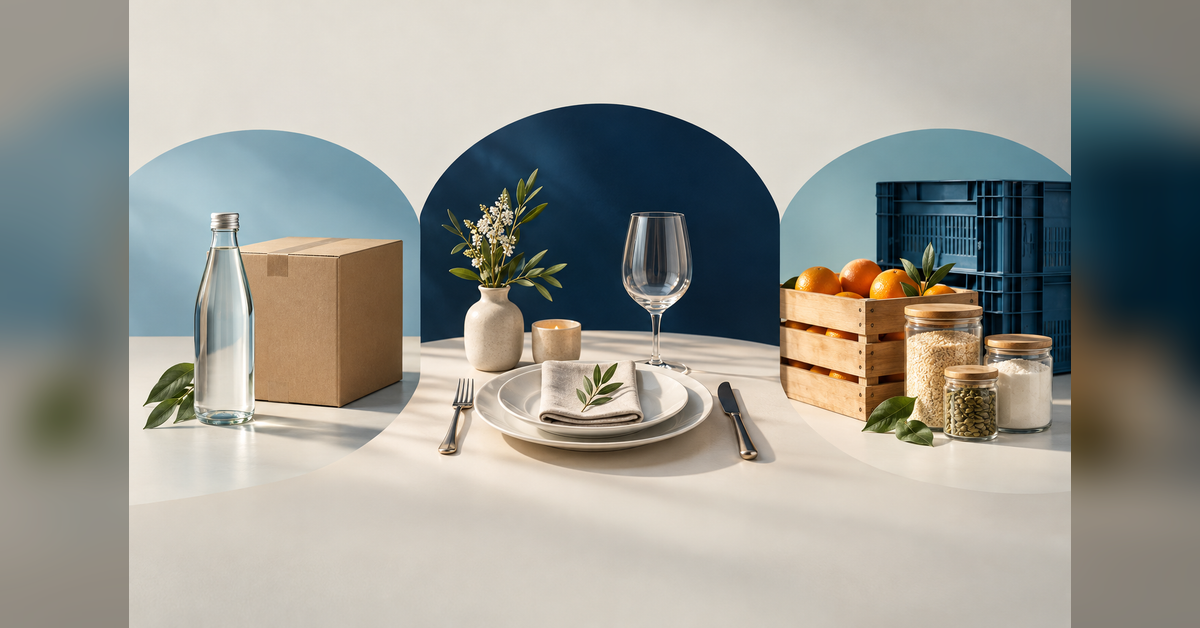 Beverage bottle, restaurant place setting and ingredient distribution crates representing different food and beverage buying journeys