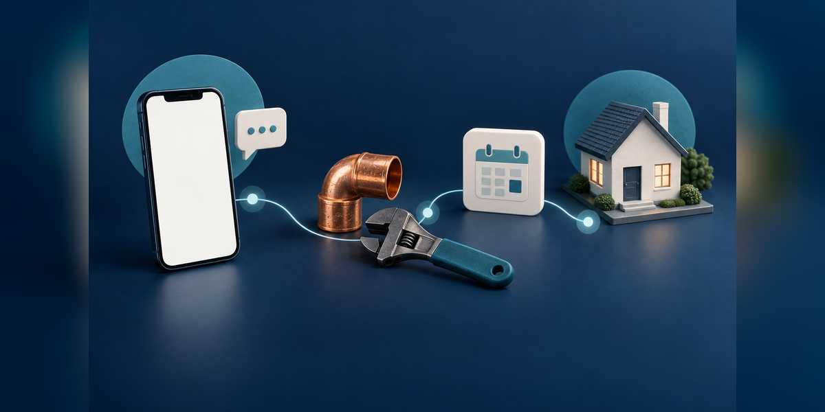 Plumbing tools beside a blank-screen phone, house model and appointment tile