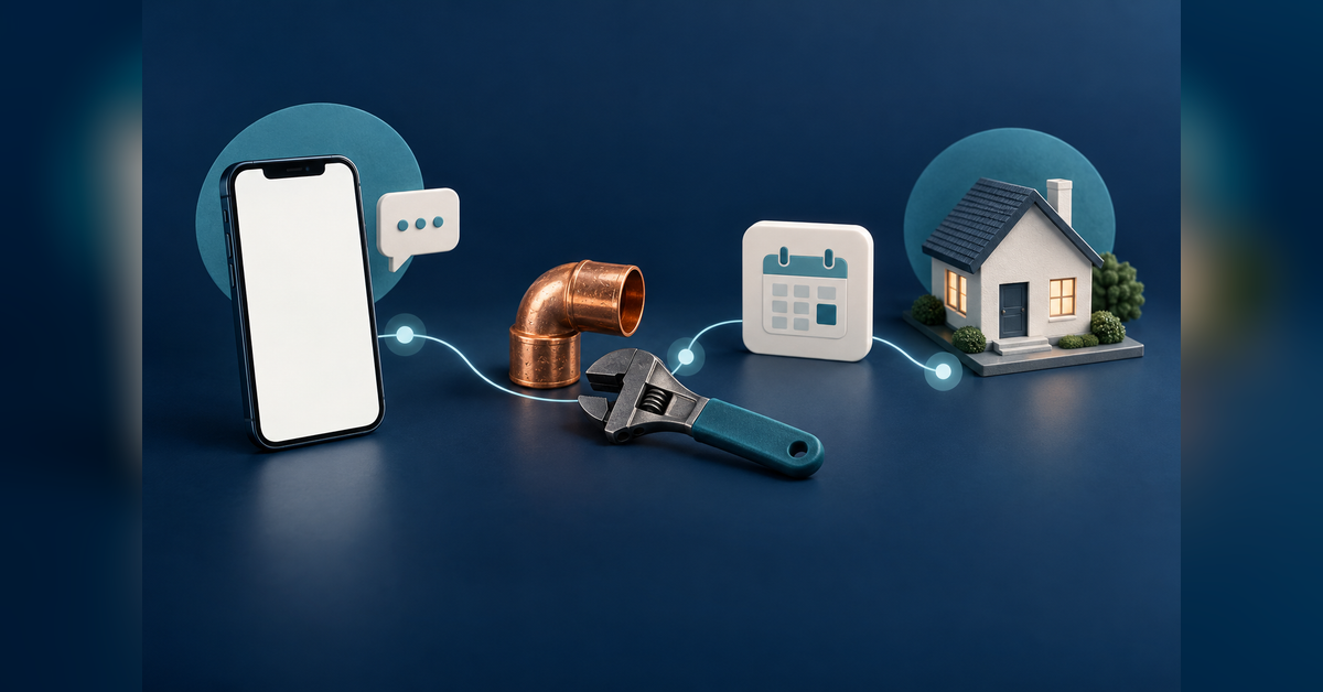 Plumbing tools beside a blank-screen phone, house model and appointment tile