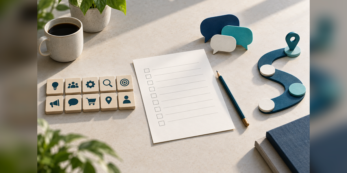 Small business digital marketing score card concept with ten blank assessment tiles and a worksheet