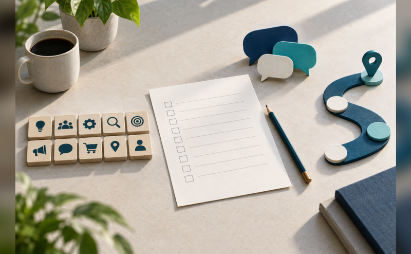 Small business digital marketing score card concept with ten blank assessment tiles and a worksheet