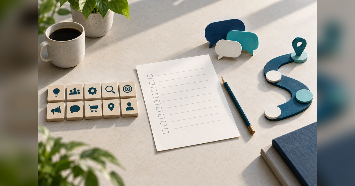 Small business digital marketing score card concept with ten blank assessment tiles and a worksheet