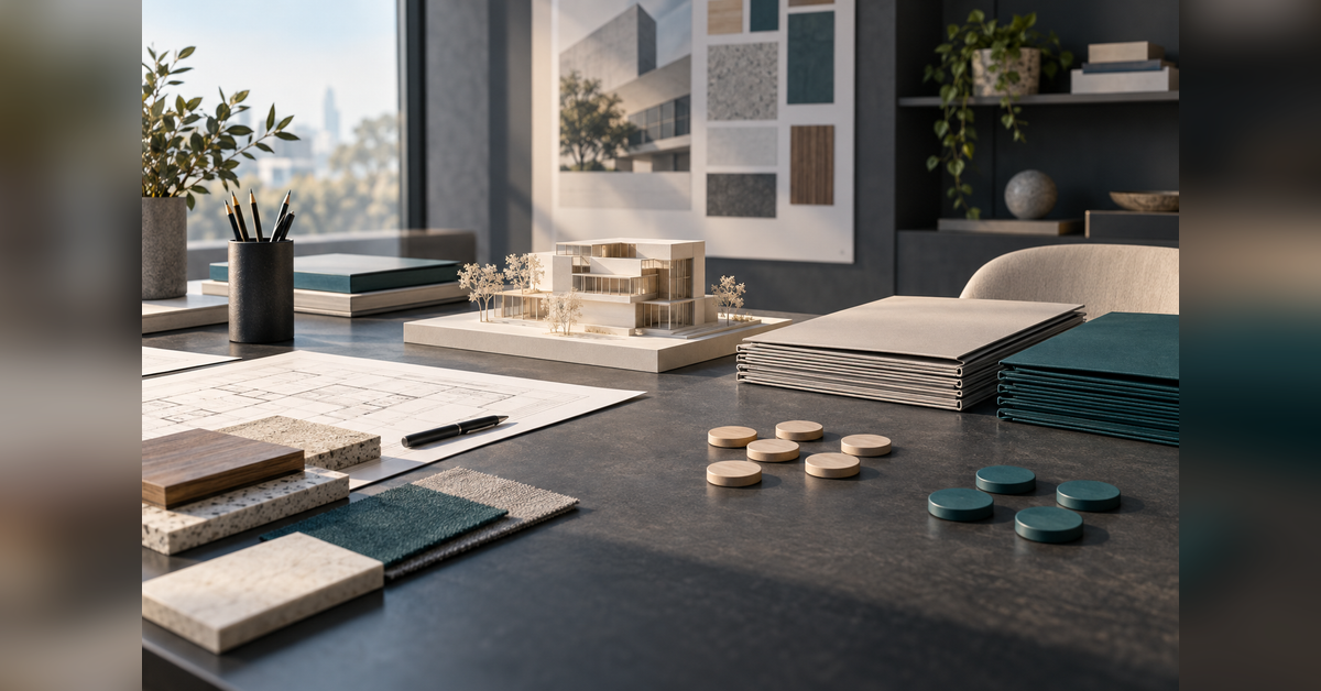 Building model and resource allocation tokens illustrating architecture firm marketing budget planning