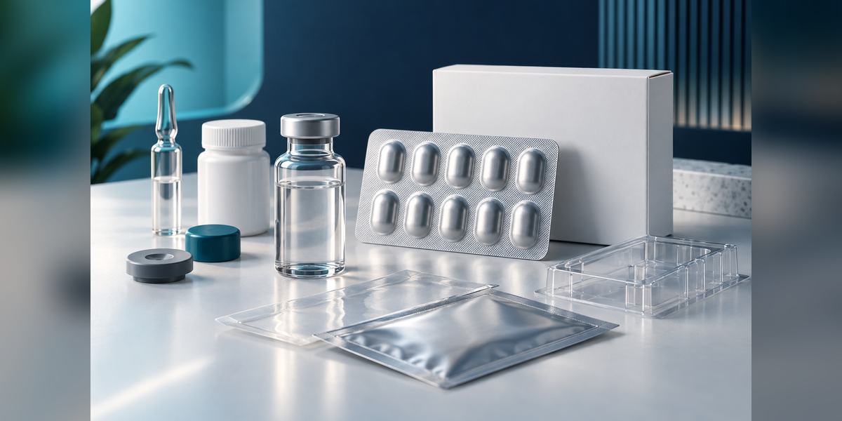 Conceptual pharmaceutical packaging partner evaluation with a vial, blister pack, and blank carton