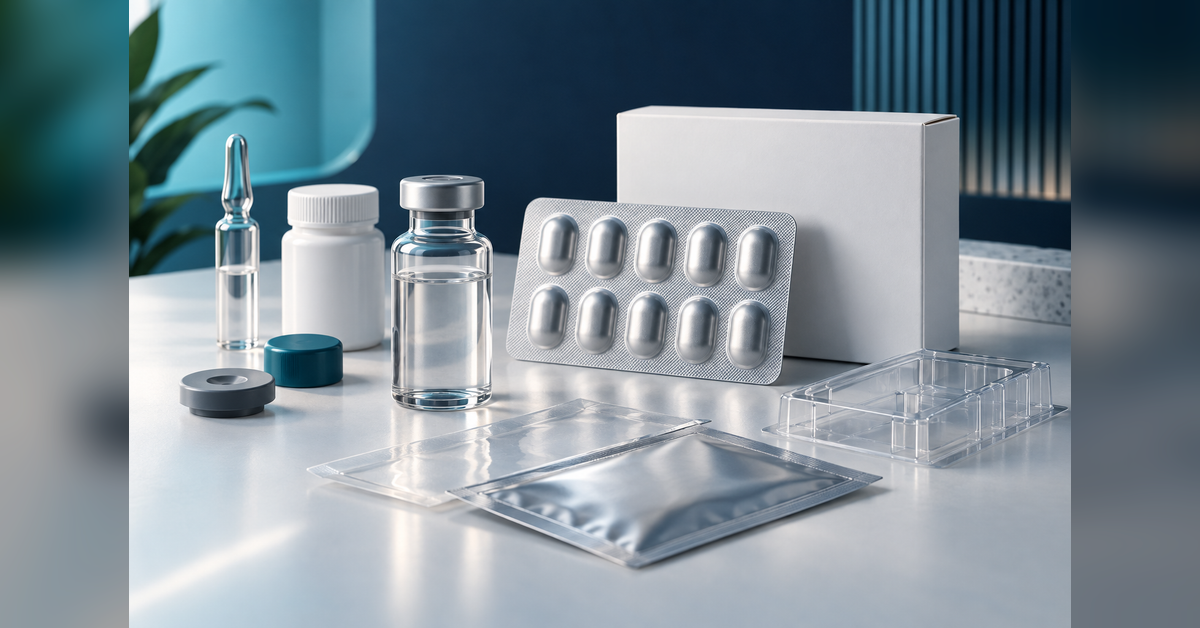 Conceptual pharmaceutical packaging partner evaluation with a vial, blister pack, and blank carton