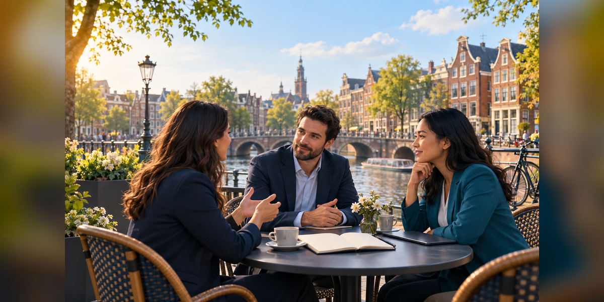 Conceptual Amsterdam canal setting and travel-trade meeting for Brand USA Travel Week U.K. & Europe 2026