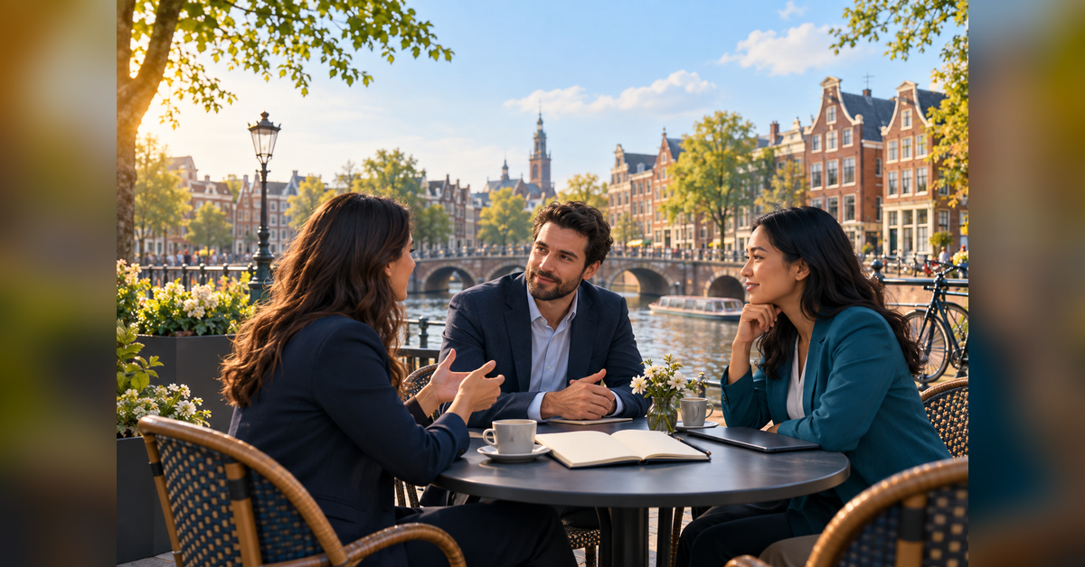 Conceptual Amsterdam canal setting and travel-trade meeting for Brand USA Travel Week U.K. & Europe 2026