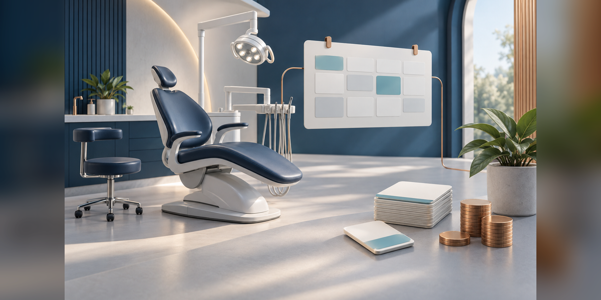 Dental marketing budget planning concept with a treatment chair and blank appointment tiles