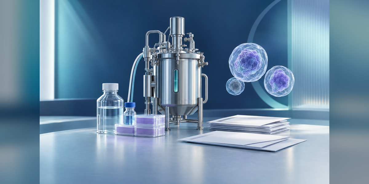 Conceptual illustration of evaluating cell and gene therapy CDMOs, with manufacturing equipment and sample containers