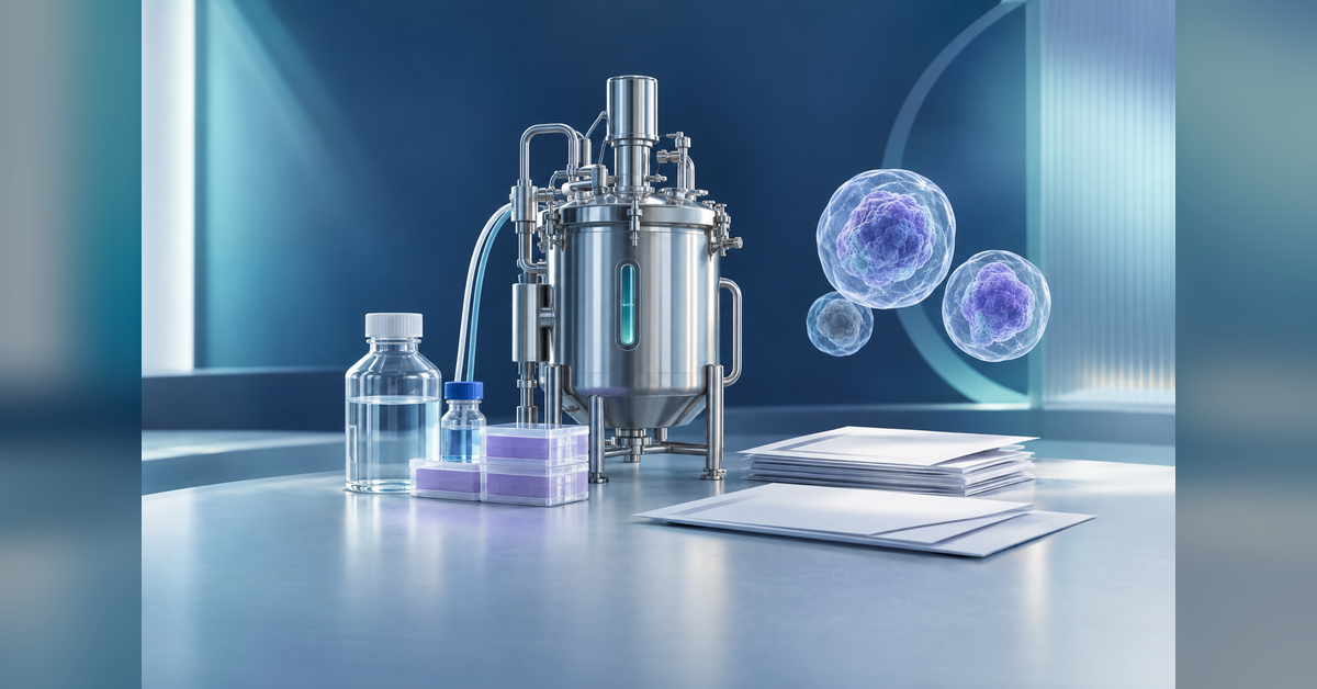 Conceptual illustration of evaluating cell and gene therapy CDMOs, with manufacturing equipment and sample containers