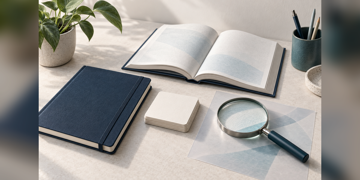 A magnifying lens beside a journal, reference book and supplier profile cards on a research desk