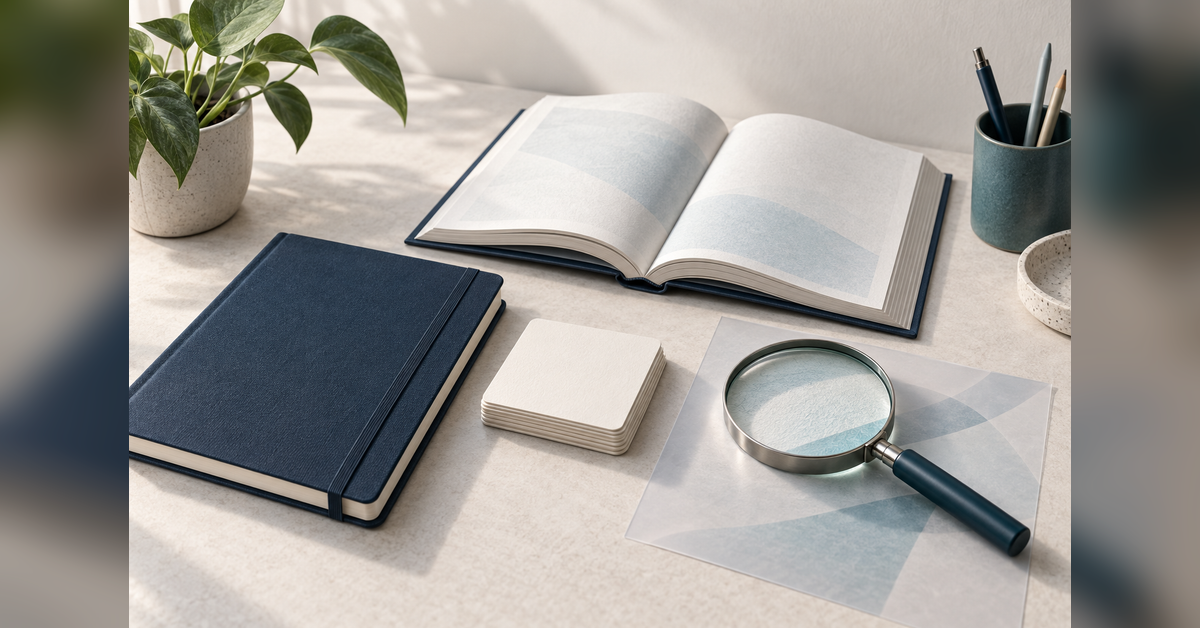 A magnifying lens beside a journal, reference book and supplier profile cards on a research desk