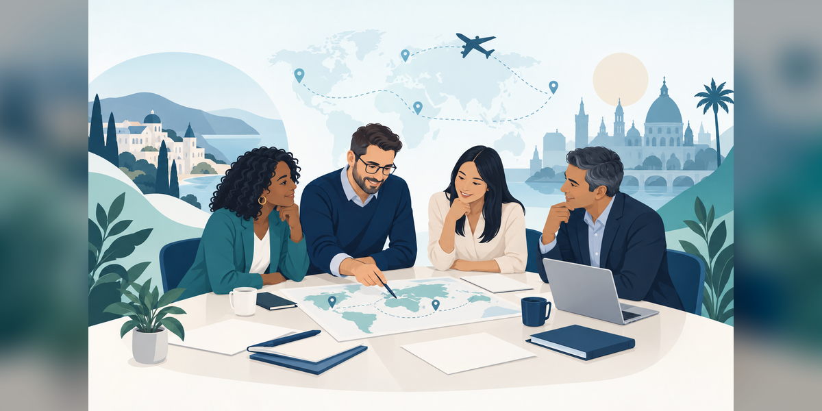 Conceptual illustration of tourism leaders planning a DMO trip to Destinations International Annual Convention 2027