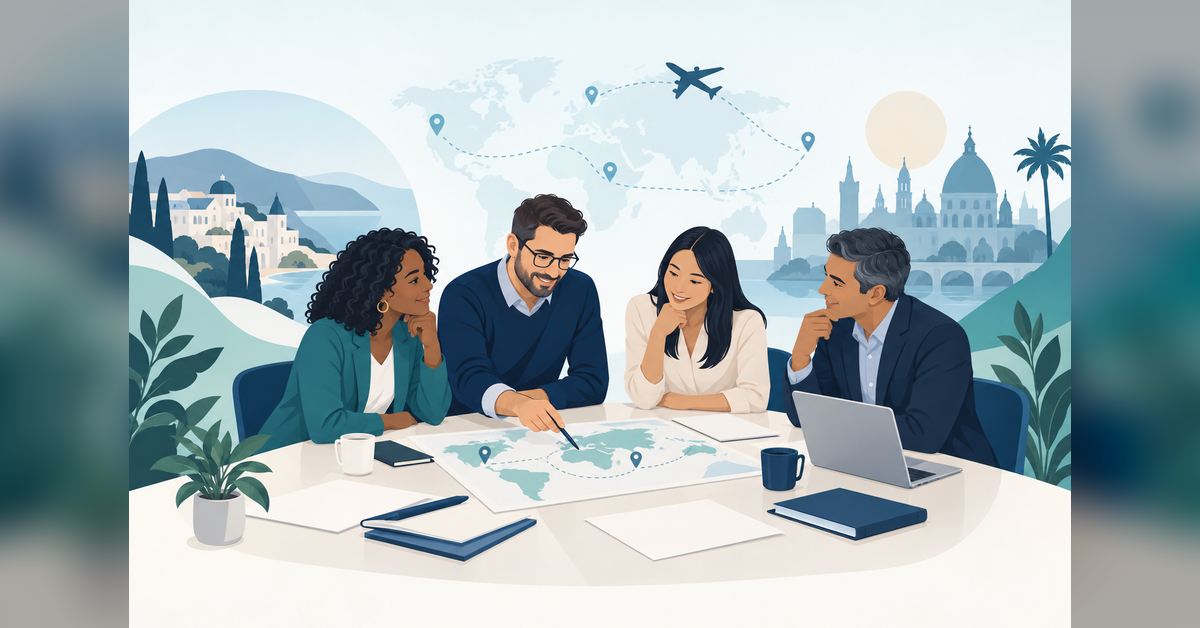 Conceptual illustration of tourism leaders planning a DMO trip to Destinations International Annual Convention 2027