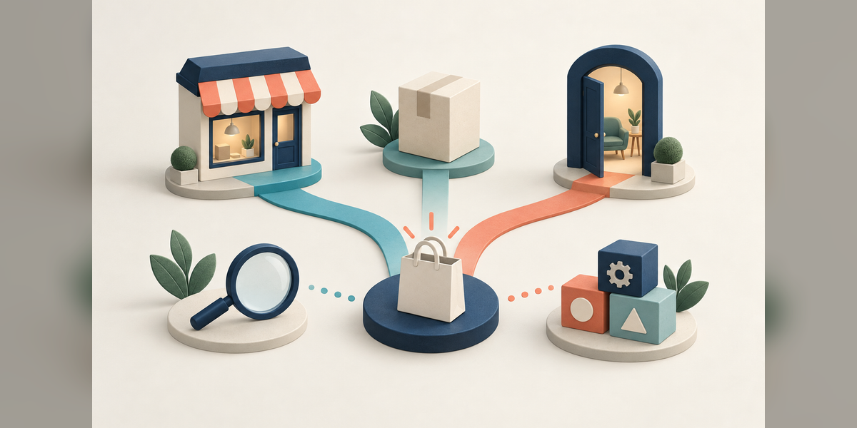 Storefront, product package and appointment doorway connected by paths to a central purchase point