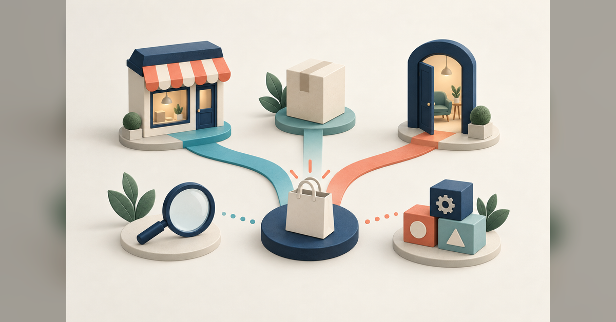 Storefront, product package and appointment doorway connected by paths to a central purchase point
