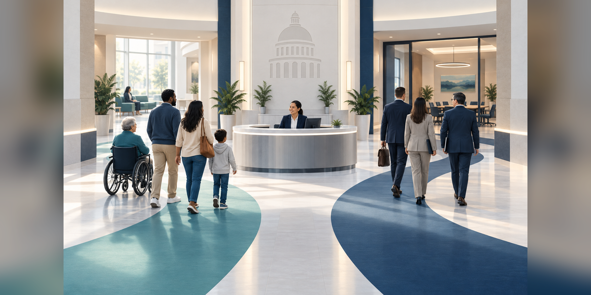 Government marketing illustration contrasting resident public-service outreach with supplier engagement
