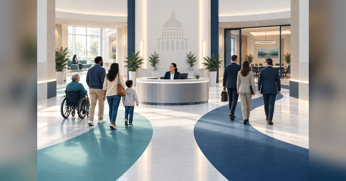 Government marketing illustration contrasting resident public-service outreach with supplier engagement