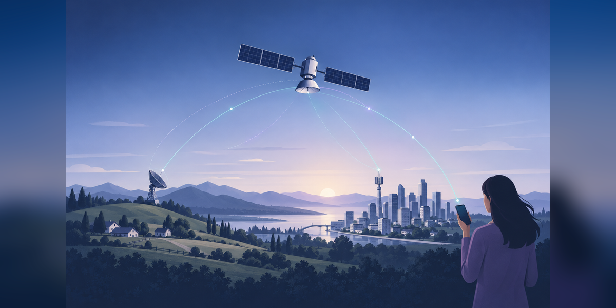 Conceptual illustration for the SpaceX wireless carrier question, showing a satellite, terrestrial antennas and a smartphone.