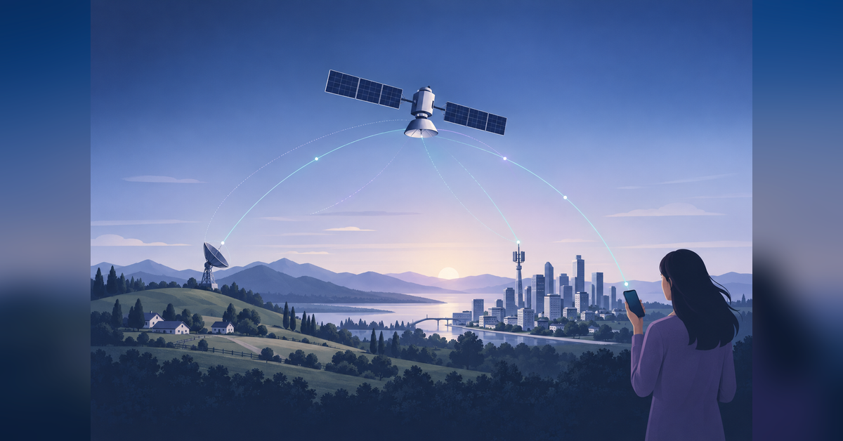 Conceptual illustration for the SpaceX wireless carrier question, showing a satellite, terrestrial antennas and a smartphone.
