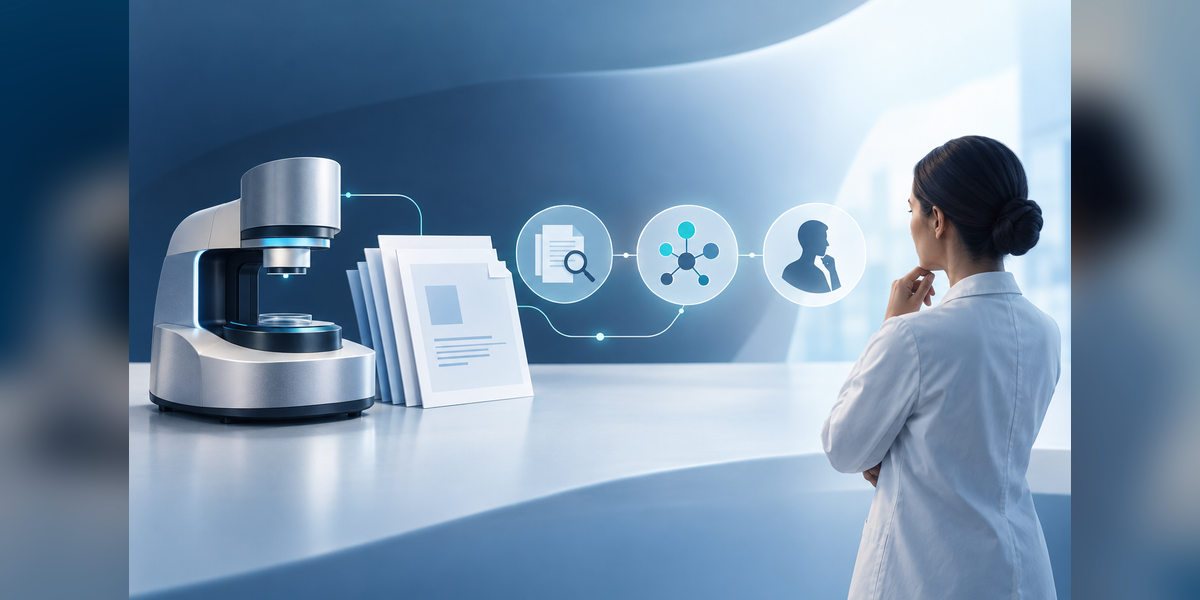 Conceptual medtech SEO illustration connecting technical documentation with device evaluation