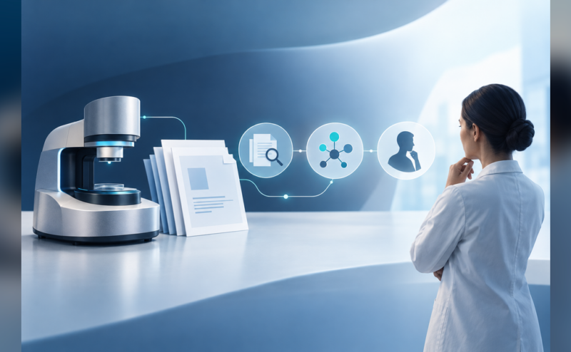 Conceptual medtech SEO illustration connecting technical documentation with device evaluation
