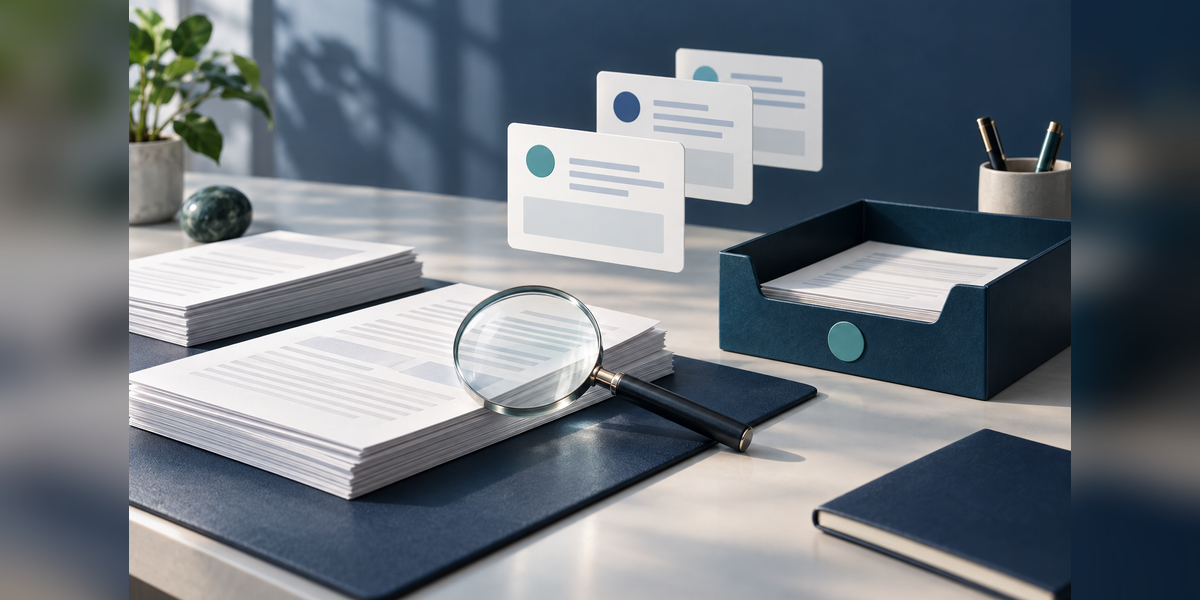 Healthcare AEO tool evaluation represented by source documents, a magnifying lens and an editorial review tray