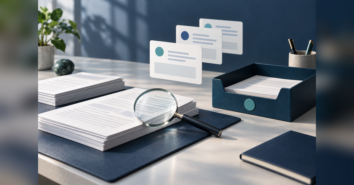 Healthcare AEO tool evaluation represented by source documents, a magnifying lens and an editorial review tray