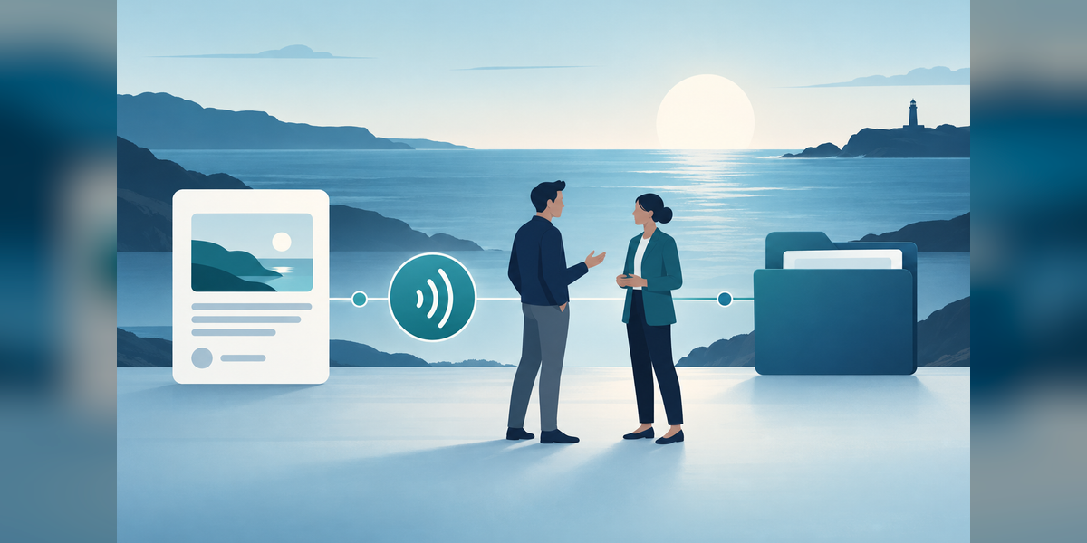 Conceptual Navy marketing illustration connecting information, outreach and a recruiting conversation