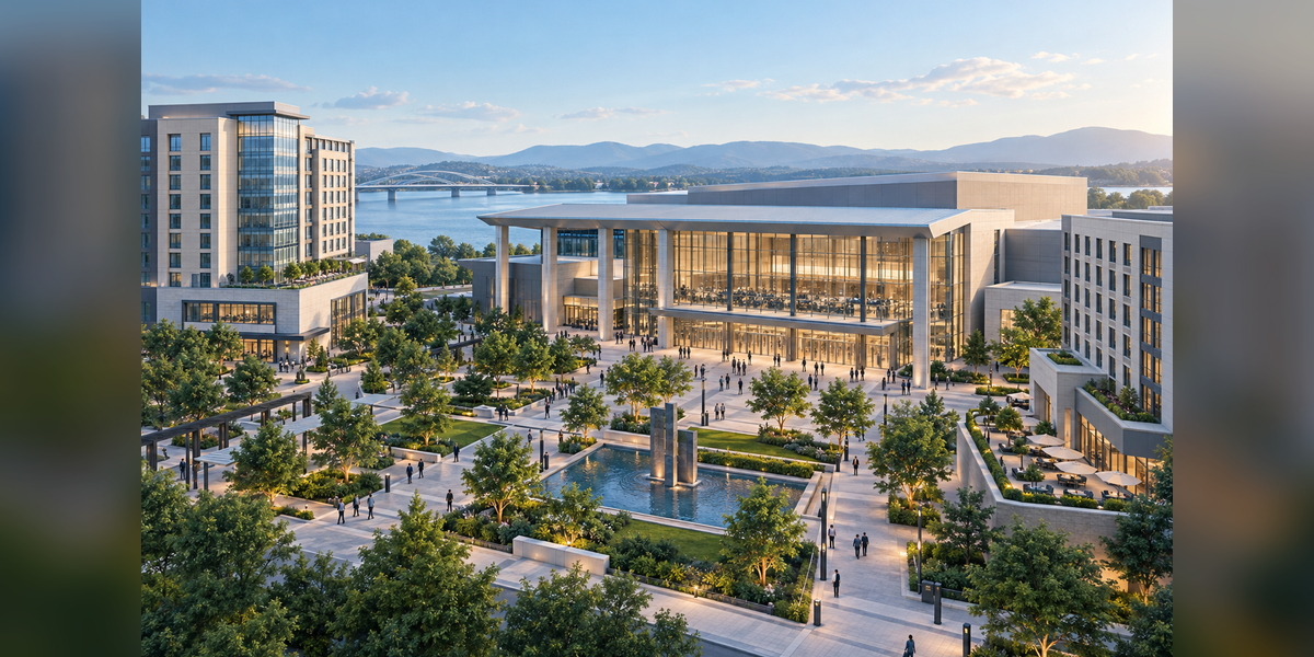 Conceptual view of emerging convention destinations with meeting venues, nearby hotels, and a connected plaza