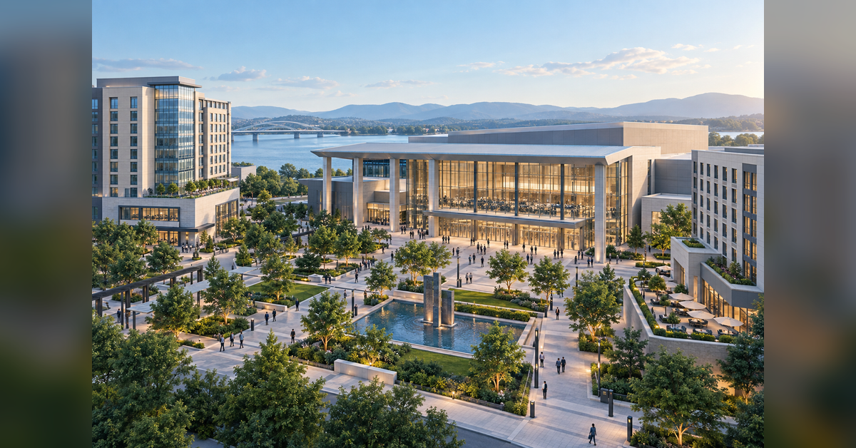Conceptual view of emerging convention destinations with meeting venues, nearby hotels, and a connected plaza