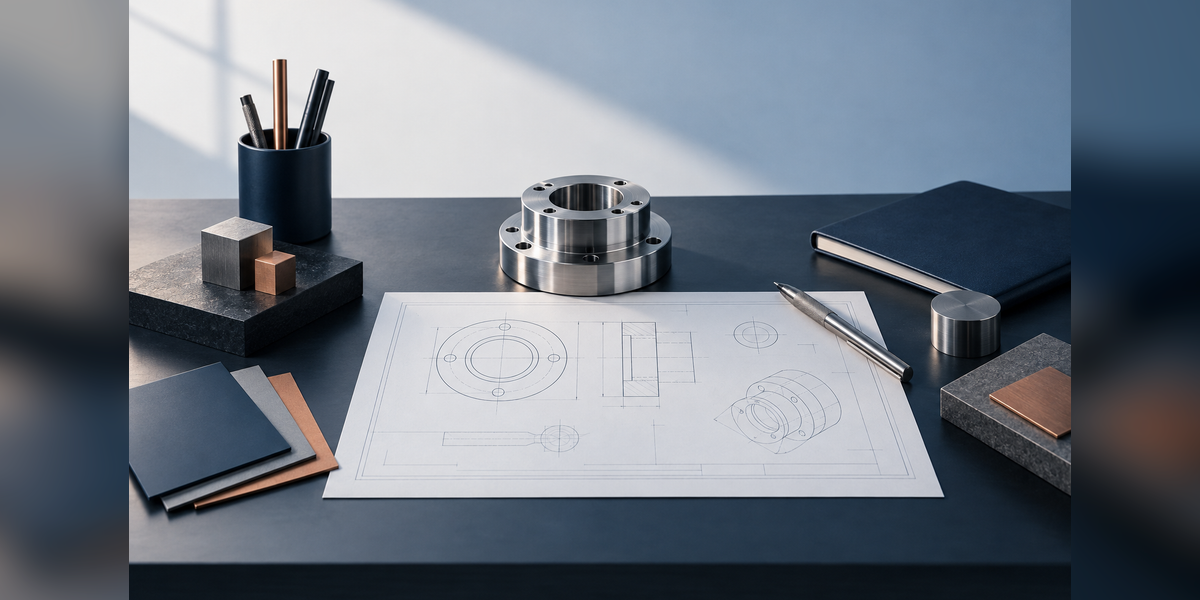 Conceptual industrial branding workspace with a precision component, technical drawing, and coordinated presentation materials